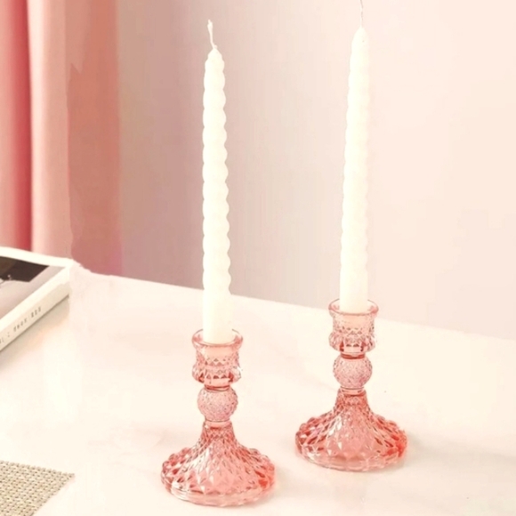 Pair Candy Pink Faceted Glass Candlesticks 2 Crystal Candle Holders Set Vintage - Picture 8 of 10